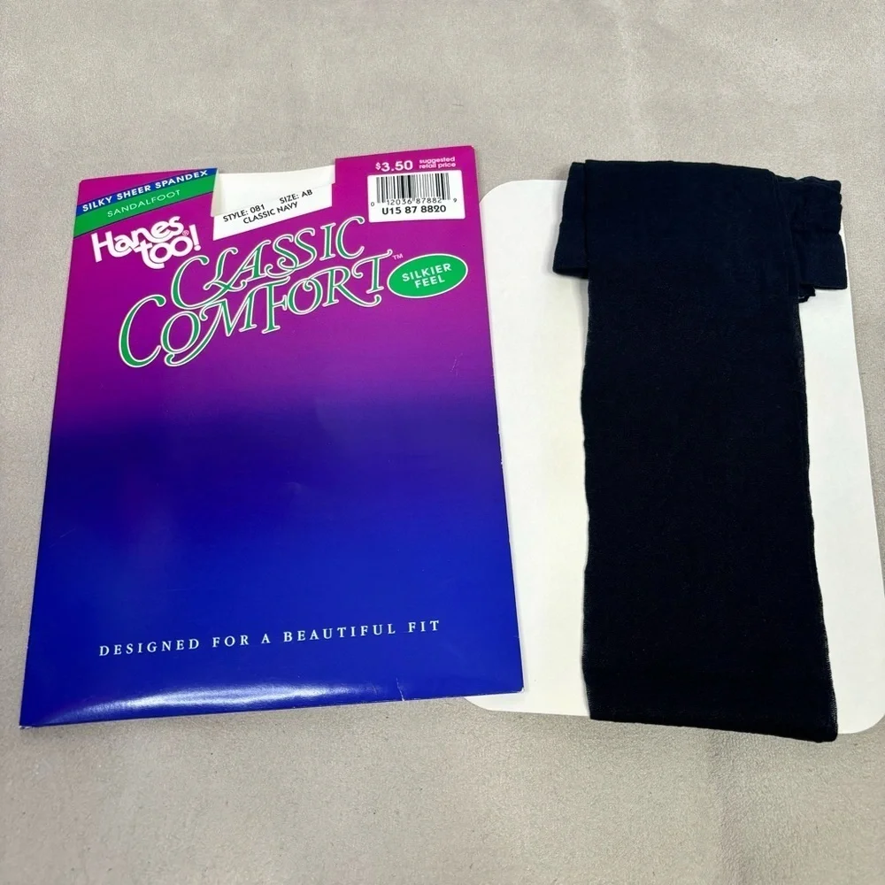 VINTAGE 1990s Hanes Too Classic Comfort Pantyhose Navy Blue Size‎ AB Sandal foot